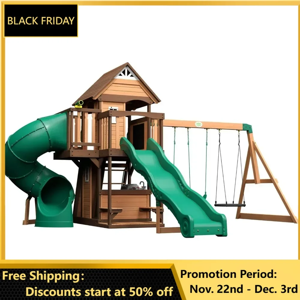 Cedar Wood Swing Set, Chalkboard, Telescope, Dual Slide, Kitchenette, Wide Swing Lanes, 5ft Rock Wall, Step Ladder, Playhouses