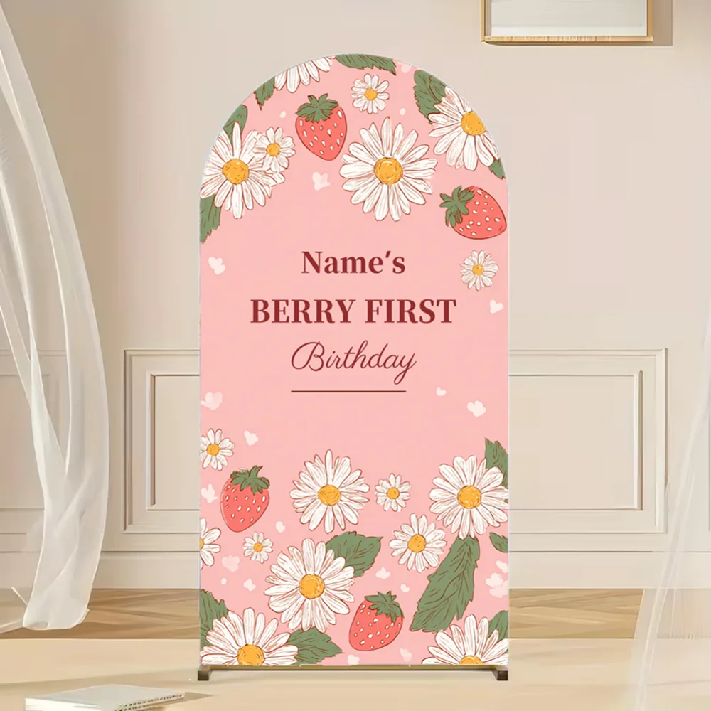 

Pink Striped Strawberry Girl 1st Birthday Arch Photography Backdrop Customized Baby Shower Party Decoration Photo Studio Props
