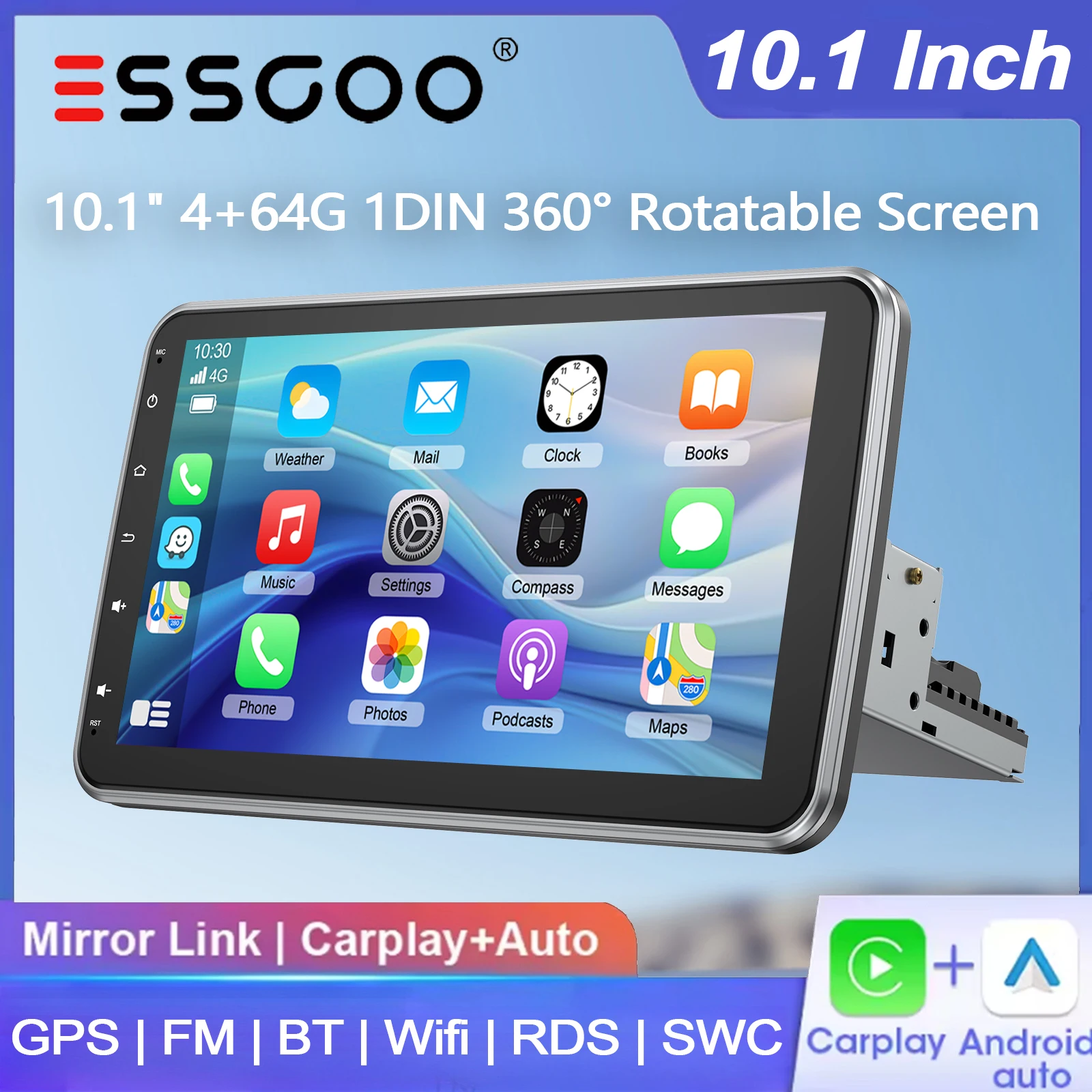 ESSGOO 101" 64G Android 15 2 DIN Universal Autoradio 360° Drehbarer Touchscreen Wireless Carplay Android Auto GPS Navigation FM Bluetooth WiFi RDS SWC Multimedia Videoplayer mit Mikrofon