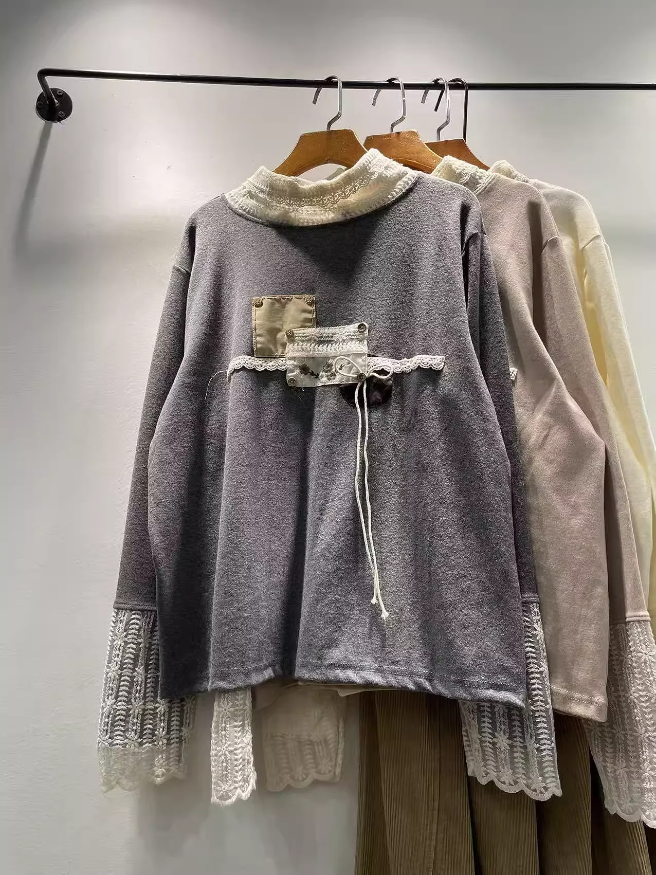 

2026 Mori Kei Clothing Japanese Style Half High Collar Beige Khaki Gray Lace Patchwork Long Sleeve Shirts Pure Cotton Blouses