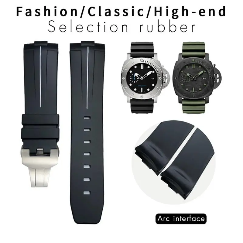 TINTAG 24mm Black Green Nature Soft Silicone Rubber Watchband Fit For Panerai PAM00111/441 Strap Butterfly Buckle Waterproof