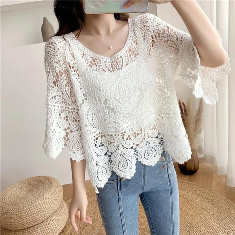 Frauen Kleidung Spitze Hohl haken Blumen schal Frühling Sommer Mode solide Dreiviertel ärmel lose Pullover Dame Chic Y2k Tops