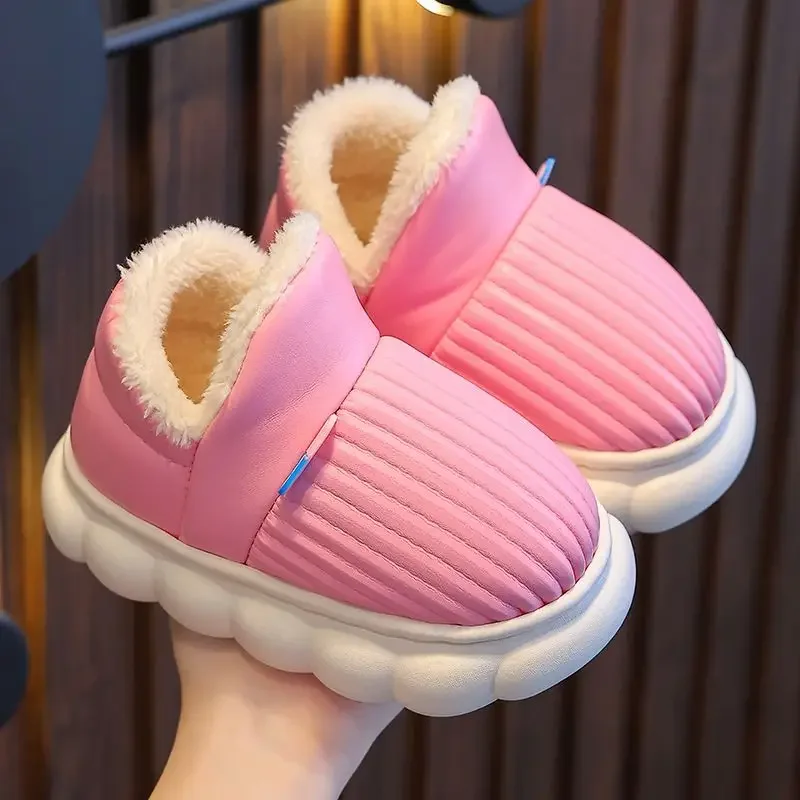 Zapatos Niña PU Leather Waterproof Kid Cotton Shoe Winter Boy Girl House Slippers Plush Child House Shoe Bag with Heel Kid Shoe