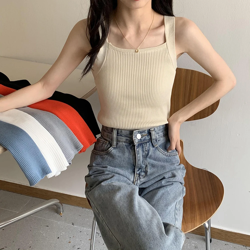 

2024 Korean Women Crop Tops Spring Strapy Casual Camis Sleeveless Tank Tops Cute Casual Tops Plain Camis Square Tops For Women