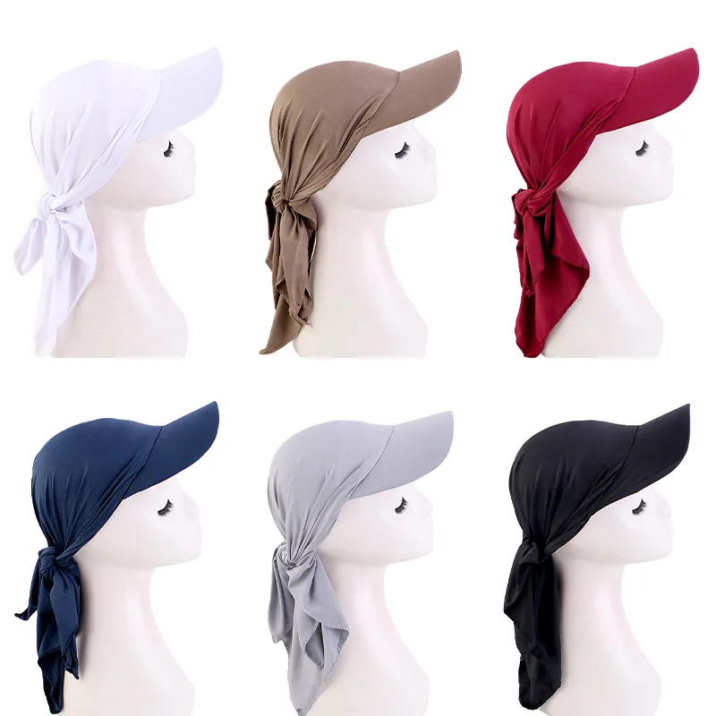 Muslim Women Brim Cap Sun Visor with Pre-Tied Turban Hijab Caps Wrap Head Scarf Bandana Headscarf Beach Outdoor Hat Solid Color