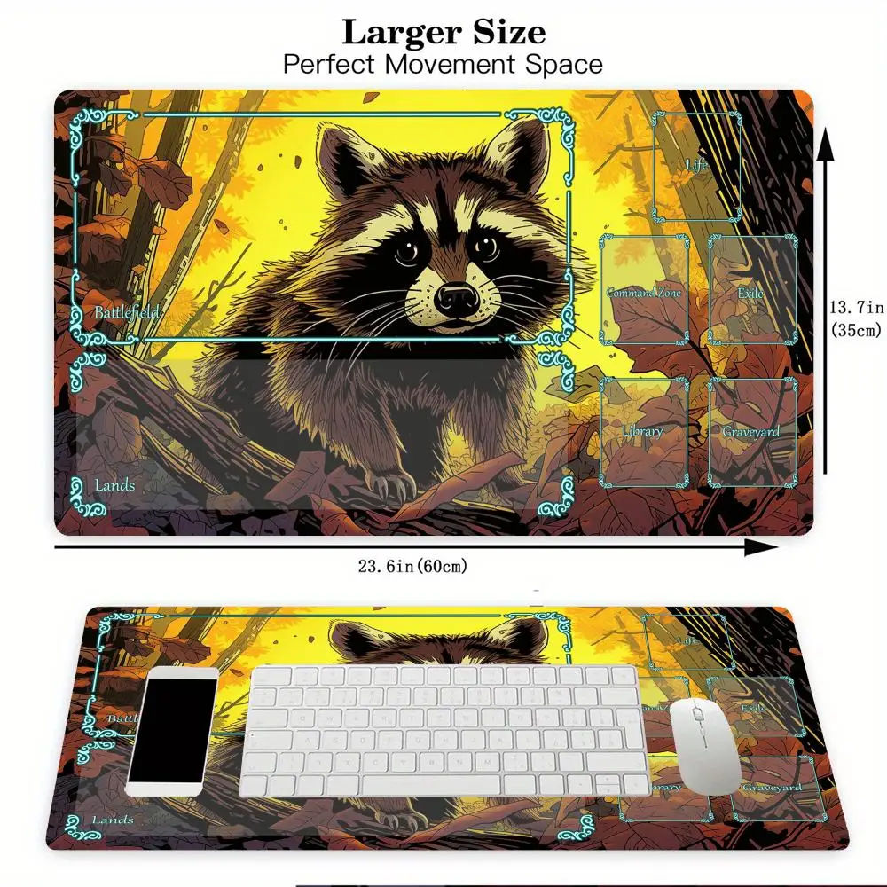 แผ่นรองเล่นการ์ด Magic ลายแฟนตาซีแรคคูน พร้อมช่องสำหรับการ์ด เหมาะสำหรับการเล่นเกม Commander และการรวมตัวเล่นเกม