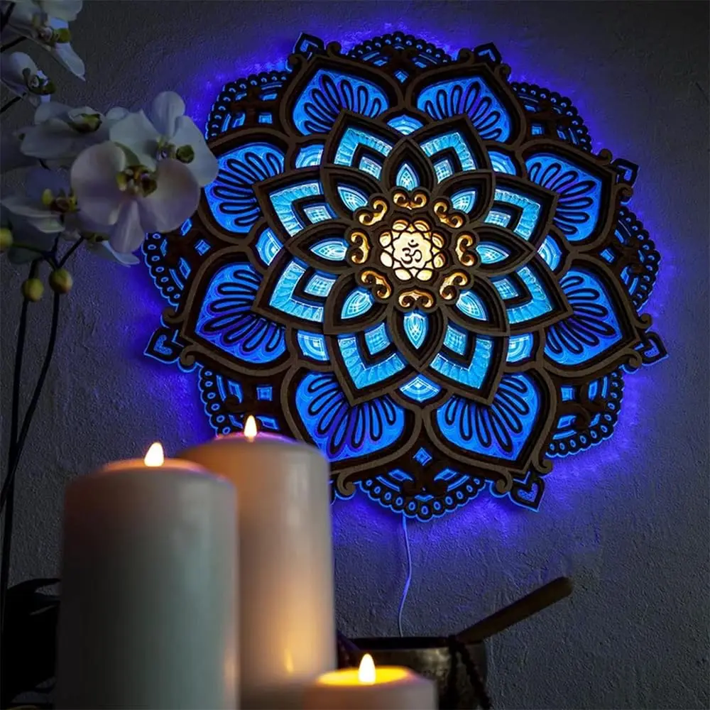 

Mandala Wall Art with LED Light, Lotus Flower Wall Art Decor, Boho Wooden Flower Night Light, Bohemian Home Decoration