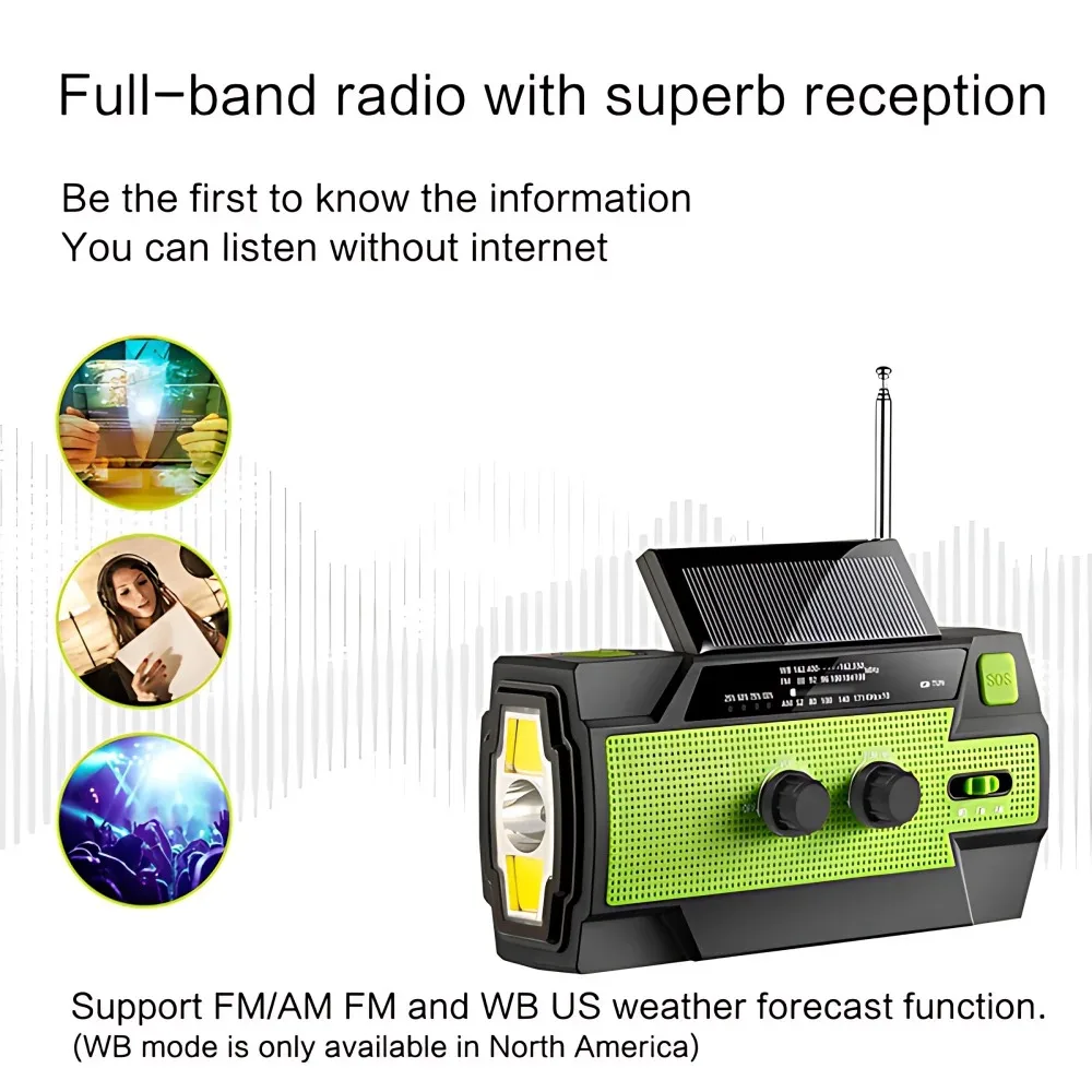 Portable solar hand crank AM/FM radio (for survival), rechargeable battery-powered radio, USB charger, flashlight, reading light