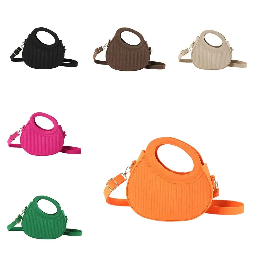 PU Leather Felt Crossbody Bag Korean Style Half Moon Bag Hobos Handbag Fashion Design Solid Color Pleated Shoulder Bag