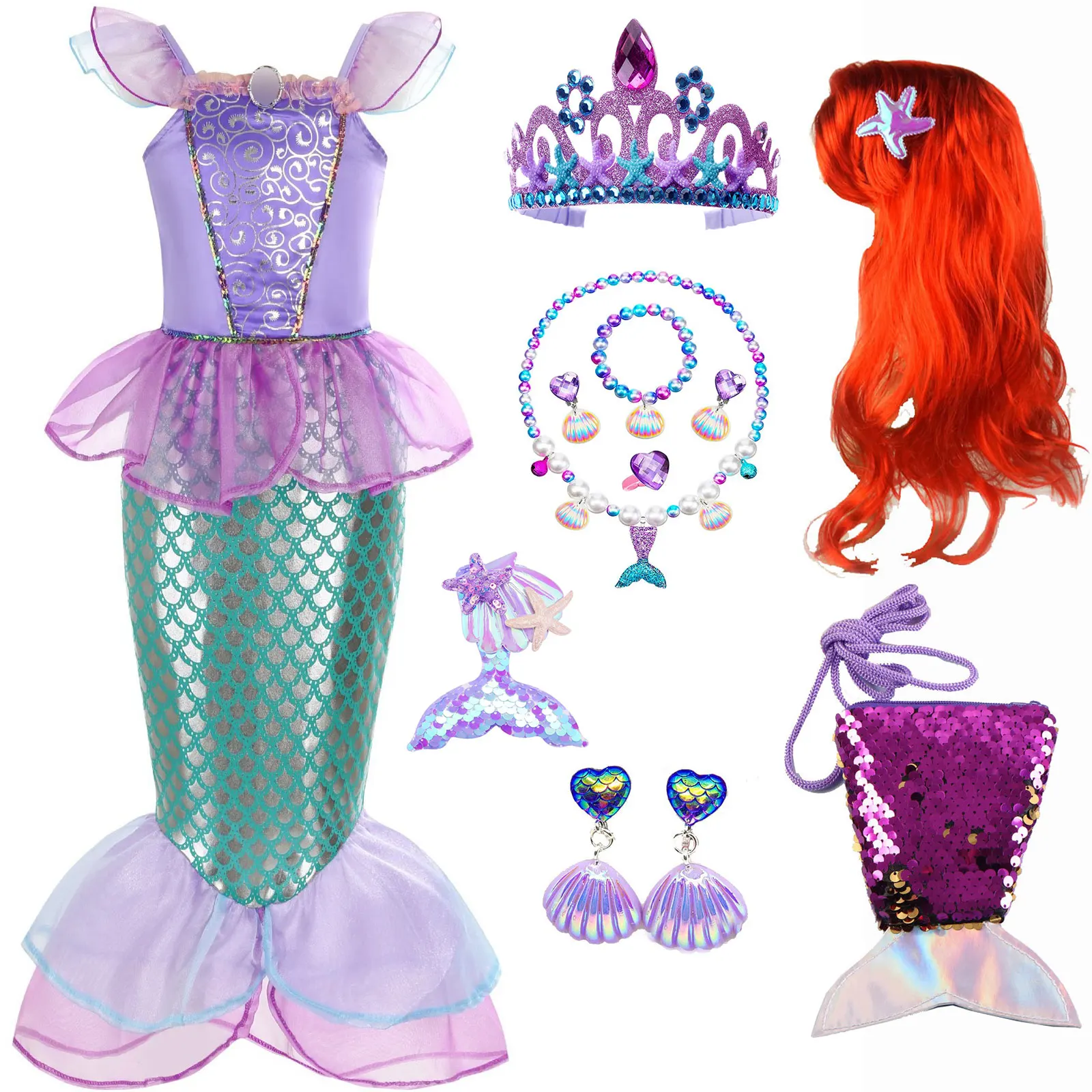 Kleine Zeemeermin Ariel Prinses Jurk Voor Meisjes Korte Mouw Tule Cosplay Kostuum Kinderen Carnaval Avond Verjaardagsfeestjurk