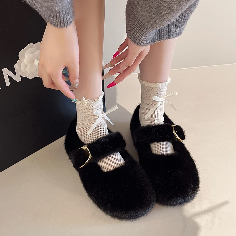 Damskie buty retro, wygodne, z gumową podeszwą, z szerokim przestawką, baleriny, czółenka Mary Jane, minimalistyczne, ocieplane.