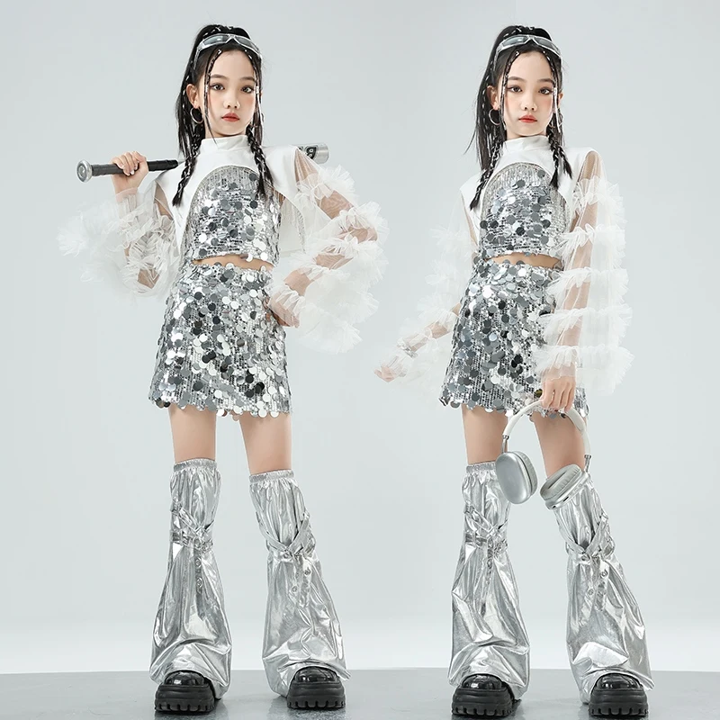 Jazz Dance Performance Costume Girls Silver Sequin Kpop Stgae Outfit Kids Fashion Clothes Streetwear Glitter Tops Skirt VDL2072