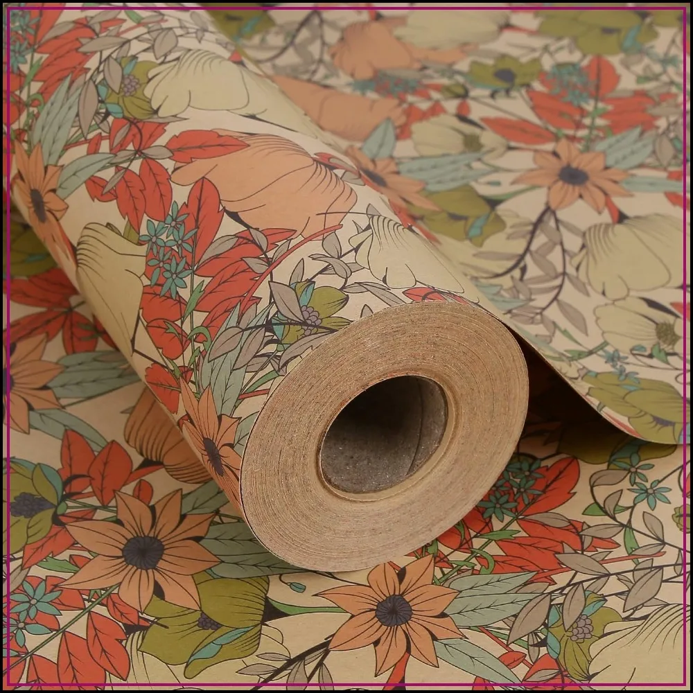 Floral Kraft Wrapping Paper Roll 17in x 60ft - Reversible, Thick, Eco-Friendly for Wedding, Birthday, Craft