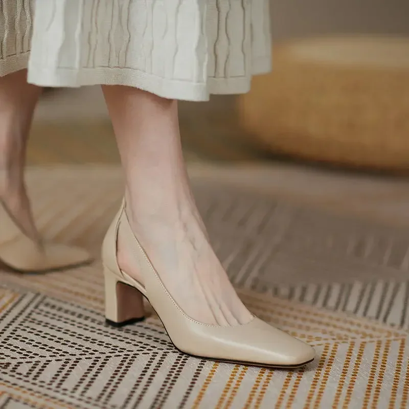 Heels Normal Leather Casual High Block Heel Nude Ladies Footwear Office Women\'s Shoes Square Toe Pumps on Heeled 39