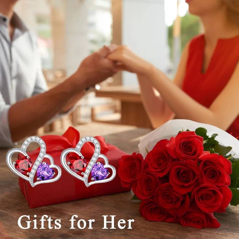 أقراط جوهرة الميلاد على شكل قلب مزدوج من الفضة الإسترليني - أفكار هدايا الذكرى السنوية وأعياد الميلاد للسيدات #4