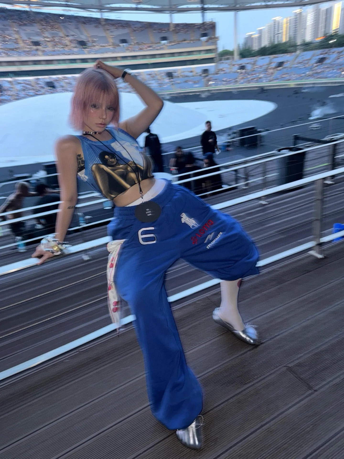 Mowalola black and blue double-color angel warrior embroidery ankle pants Baggy loose-fitting sports sweatpants