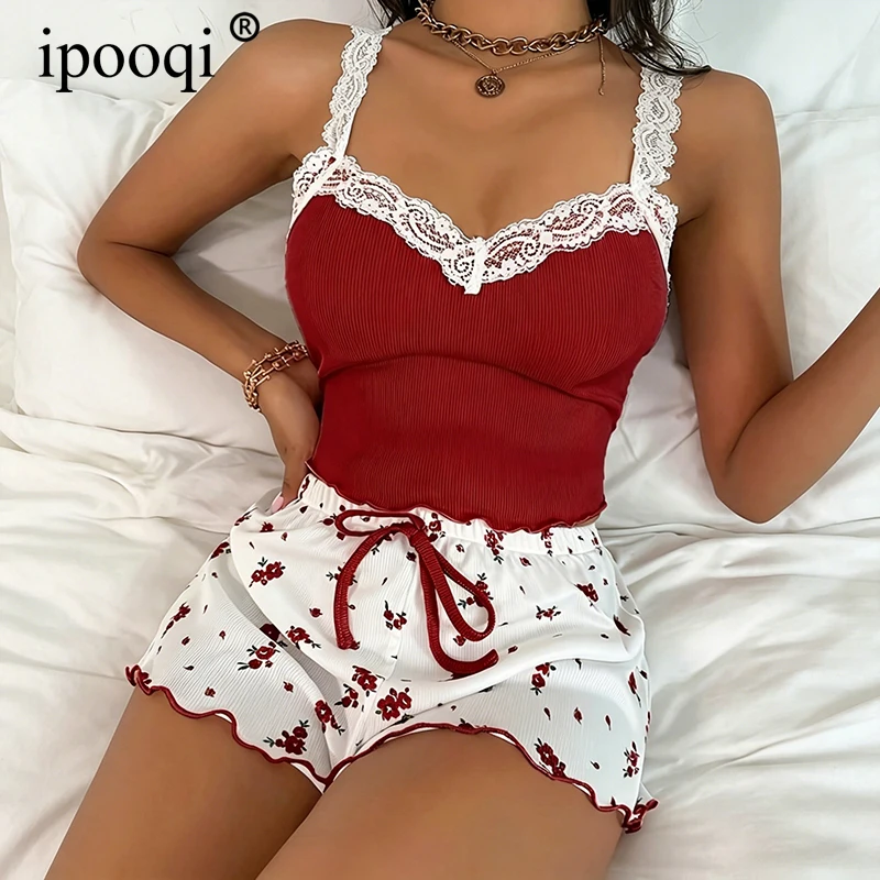 

ipooqi Sexy Lace Trim Pajamas Set Women Ribbed Cami Top and Floral Ruffle Shorts 2 Piece Sleepwear Set Casual Summer Home Pijama