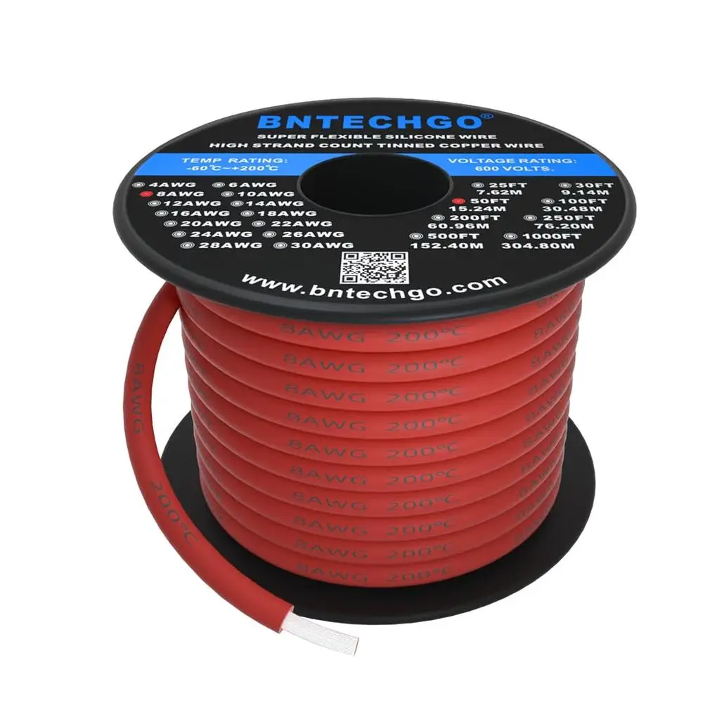 8 Gauge Red Silicone Wire Spool 50ft Flexible Stranded Copper 1650 Strands High Temp Resistance 200°C Low Temp -60°C 600V Model