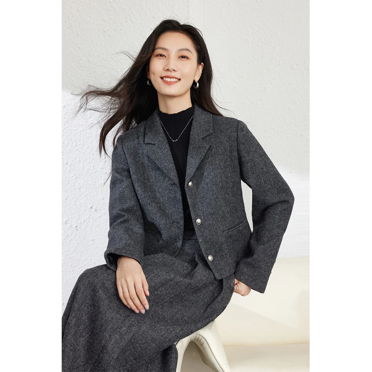 VIMLY Women's Grey Suit Two-piece Set 2026 New Wool Blazer Long Pleated Midi Skirt Fashion Office Lady Matching Outfit M9128
