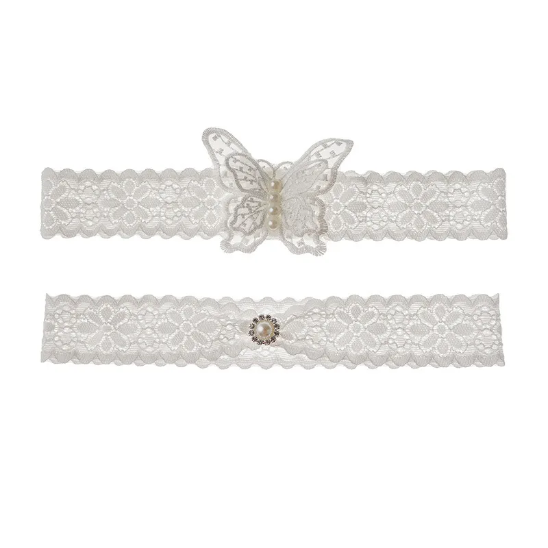 White 2 Pieces Wedding Garters  Butterfly Lace Bridal Garter  Pearls Leg Ring  for Bride