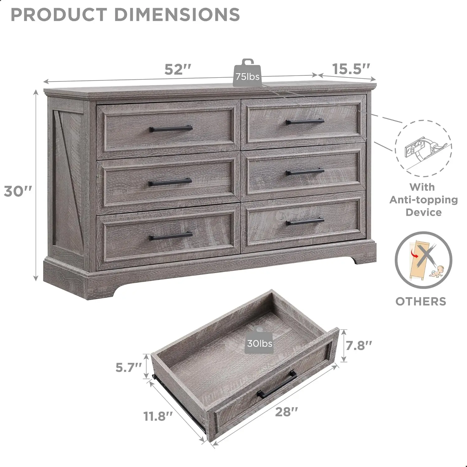 Farmhouse-TV Stand com grandes gavetas, 6 gavetas Dresser para quarto, 52 "Wide, moderno