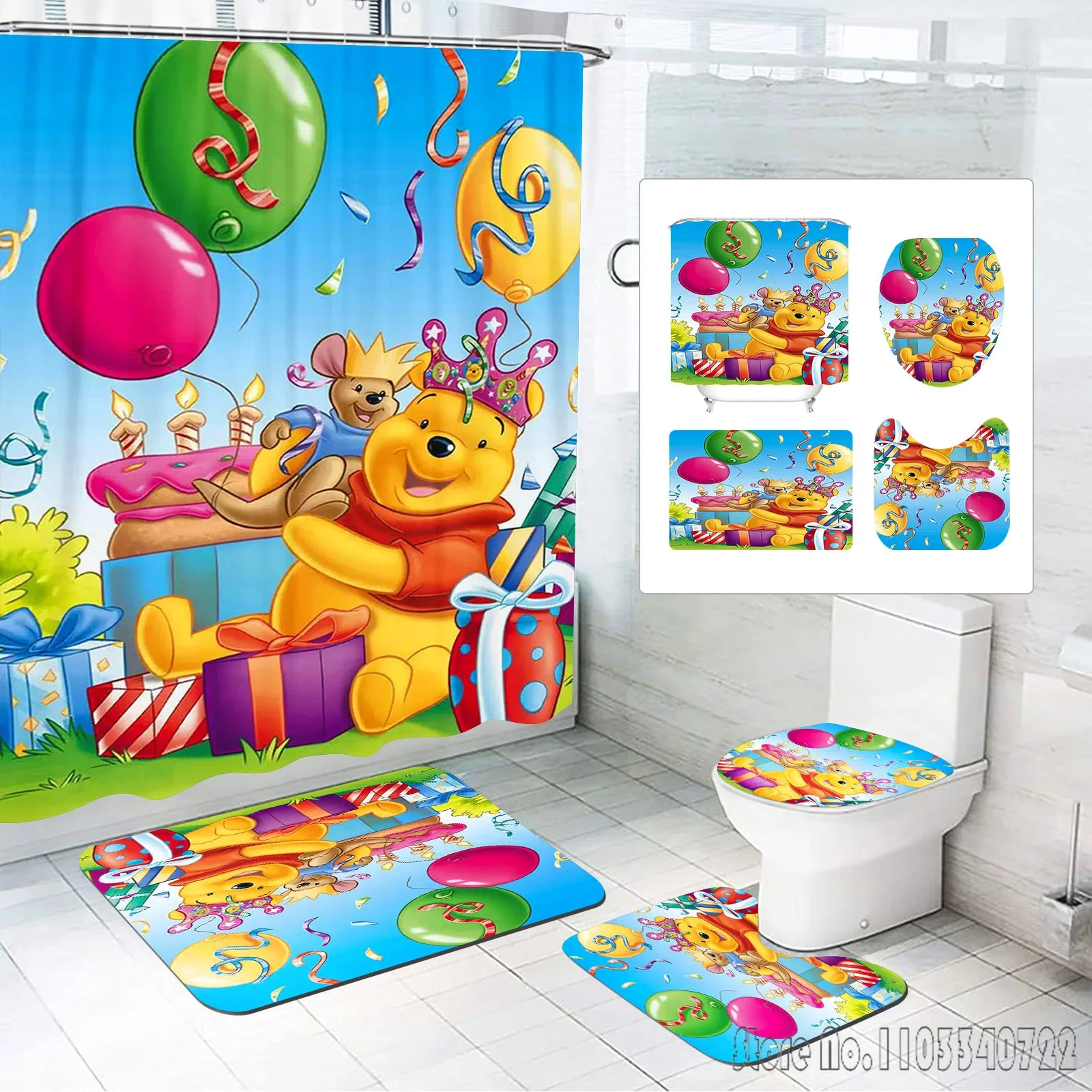 Disney Winnie Bear the Pooh Boys Cartoon Bath Shower Curtain Set 4pcs with Hooks Waterproof Bathroom Toilet Mat Lid Decor