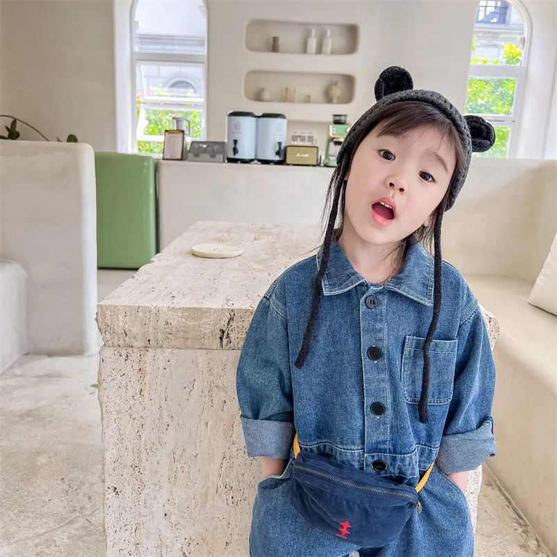 Kid Jumpsuit 2024 Autumn Children Wear Children Korean Style Denim Rompers Autumn Long Sleeve Rompers Baby Boys and Girls