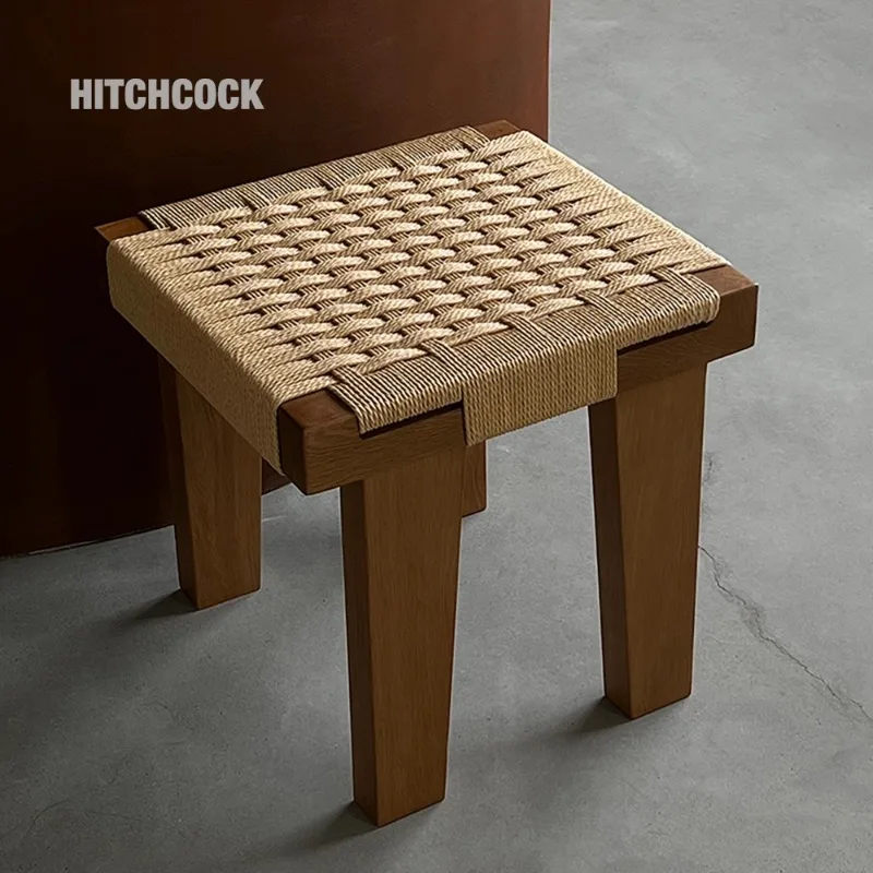 High-end Light Luxury Square Stool Solid Wood Rope Woven Stool Wabi-sabi Style Simple Coffee Stool Middle-aged Shoe Stools