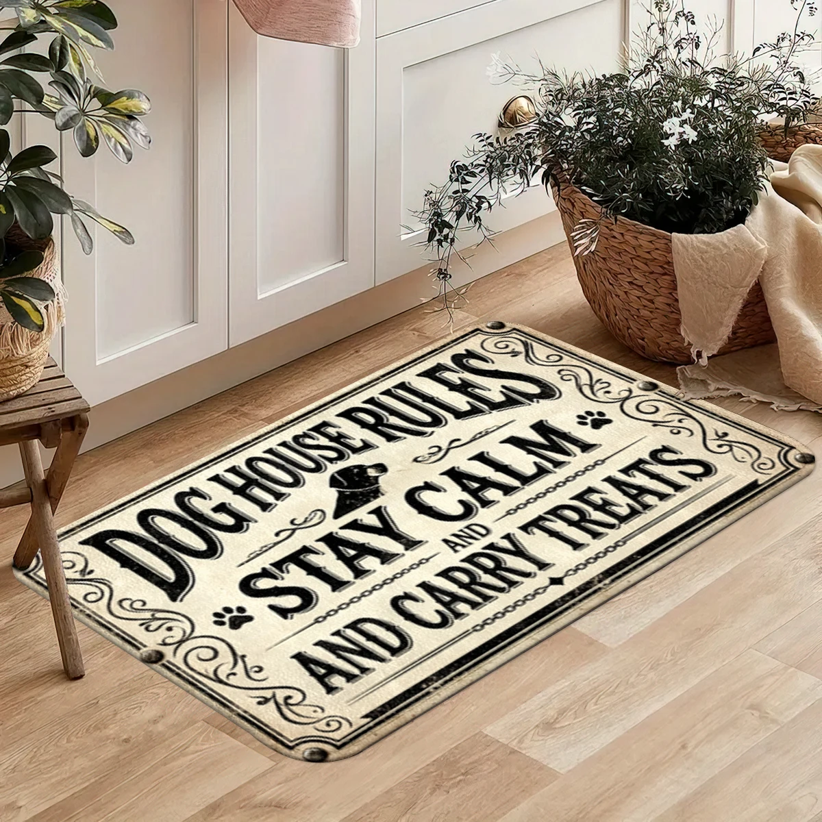Vintage Warning Dog Paw Mat, Carved Frame Dog Rule Runner, Black White Art Dog Guard Mat, Shield Paw Dog Door Mat.