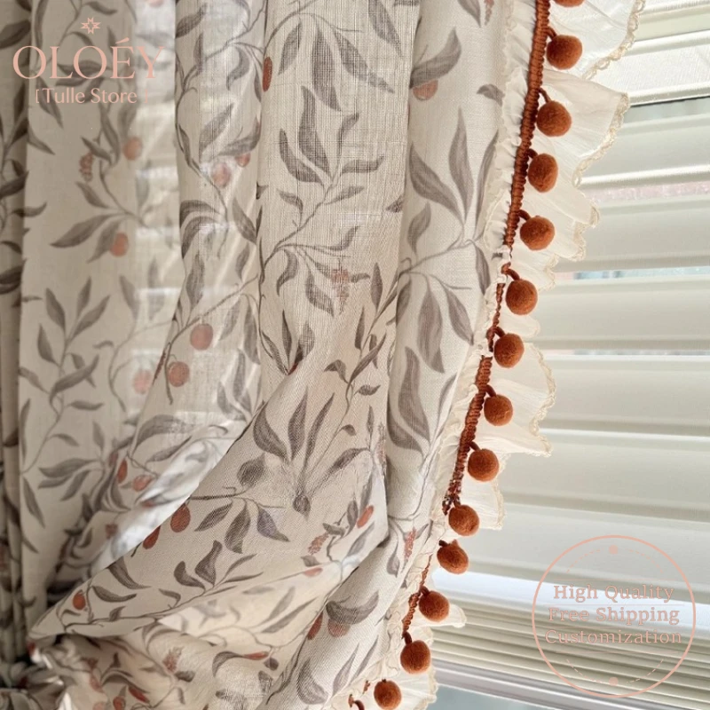 

Beige Vintage French Curtains for Living Room Bedroom Romantic Floral Fruit Tree Print Sheer Artistic Drape Light Filtering Yarn