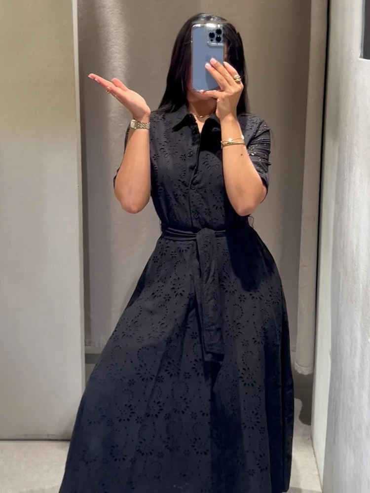 

HH Women Chic Single-Breasted Zipper Lapel Casual Midi Dress Summer Woman Elegant Belt Embroidery Hollow Design Dress