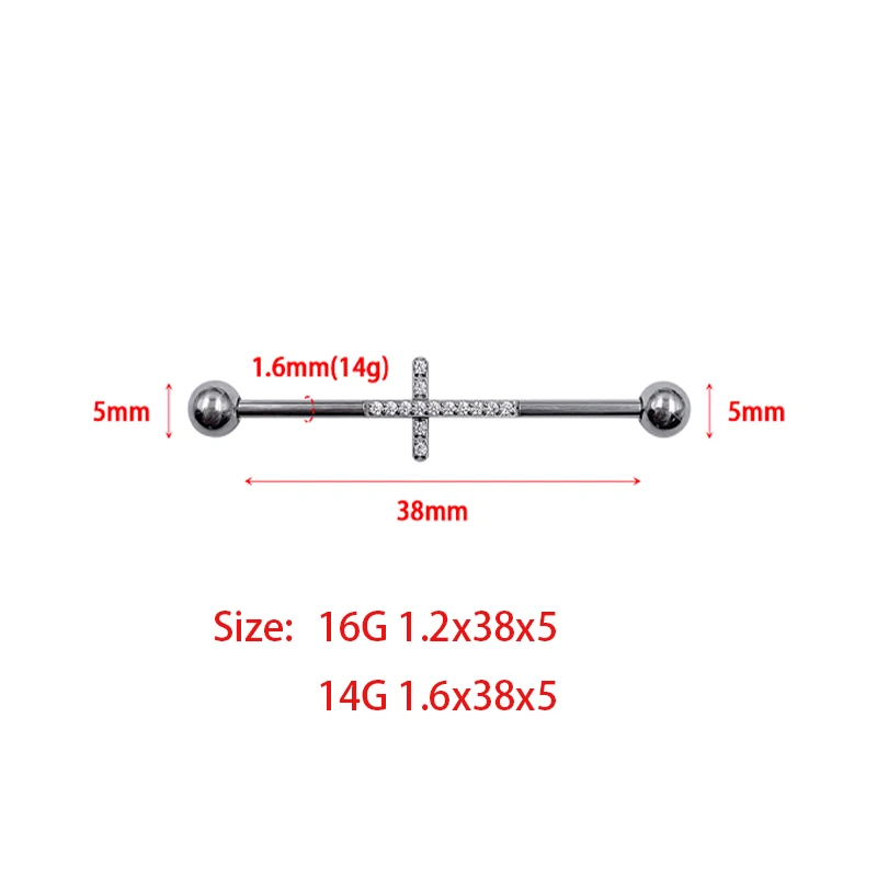 1 szt. Przekłuwanie krzyżyk ze sztangą przemysłową do kolczyków G23 tytanowa 38mm prosta kolczyki na chrząstkę 16G 14G biżuteria z motywem sztangi