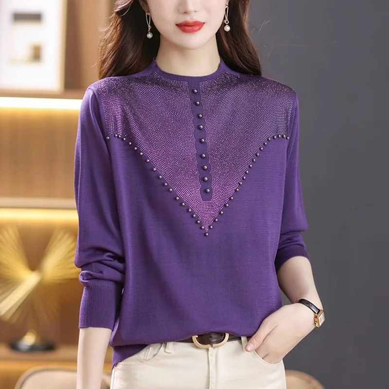 

Elegant Solid Color Spliced Diamonds Beading Blouse Women's Clothing 2023 Autumn New Casual Pullovers Loose Office Lady Shirt