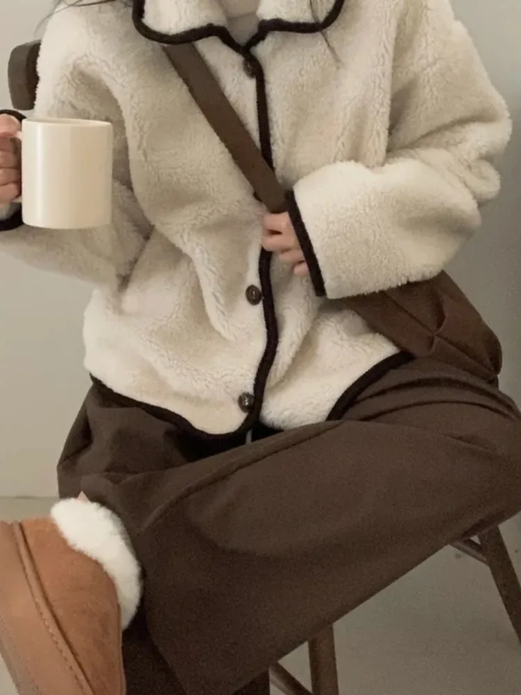 

Женское длинное зимнее пальто с воротником-стойкой из овечьего меха, винтажное свободное пальто из смеси хлопка, корейская верхняя одежда