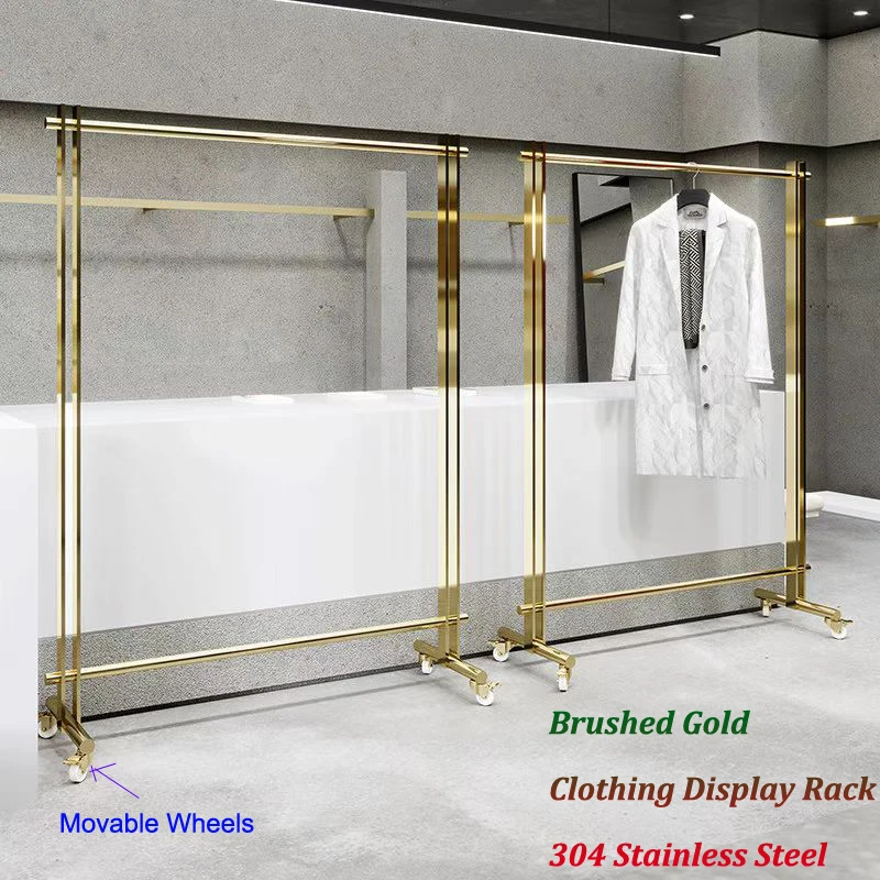 

2025 New Brushed Gold Clothing Display Rack Movable Wheel 304 Stainless Steel Floor Standing Shelves for Women's Clothing Stores