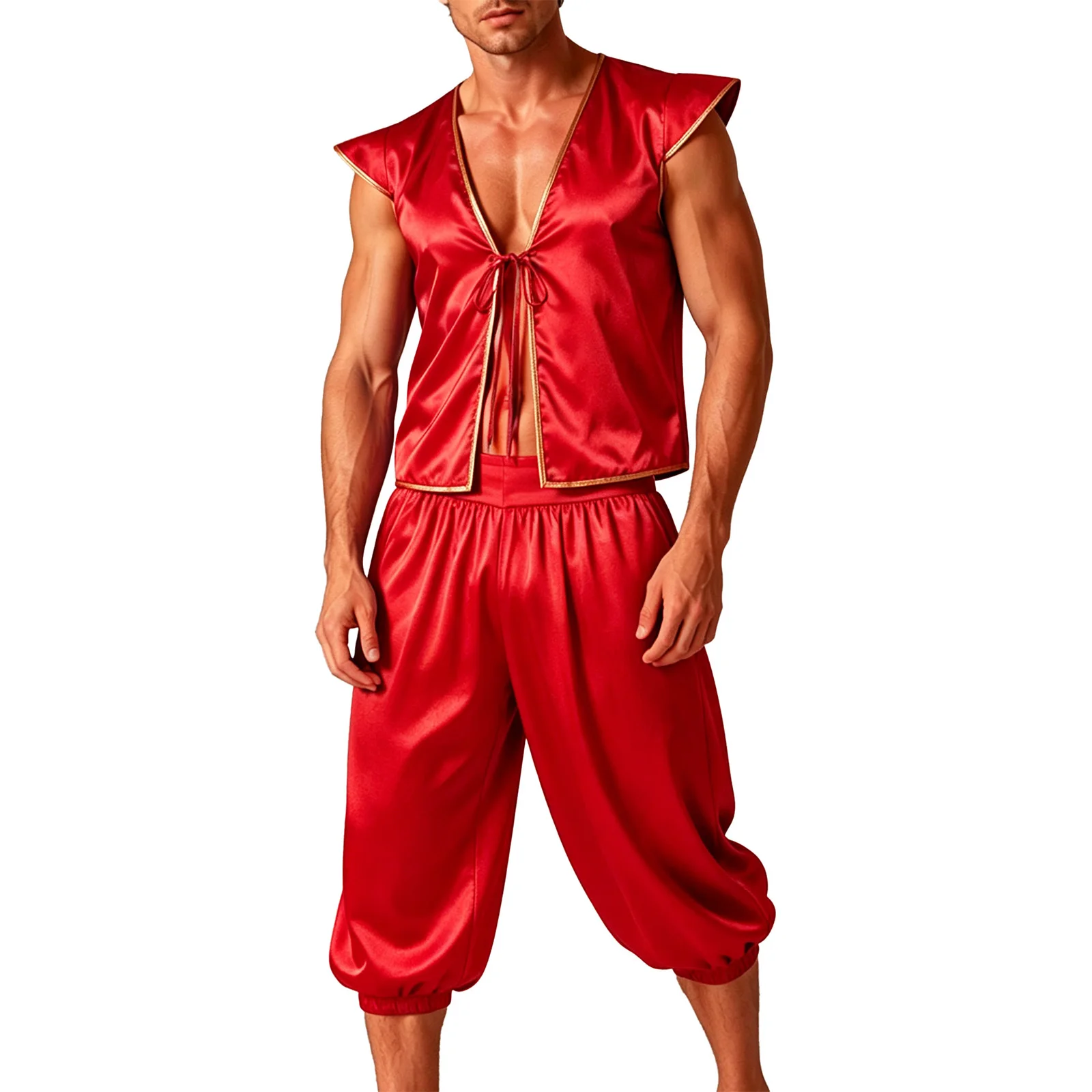 Men Arabian Prince Cosplay Outfit Fly Sleeve Metallic Trim Satin Vest with Short Pants for Halloween Carnival Medieval Costume - view 3