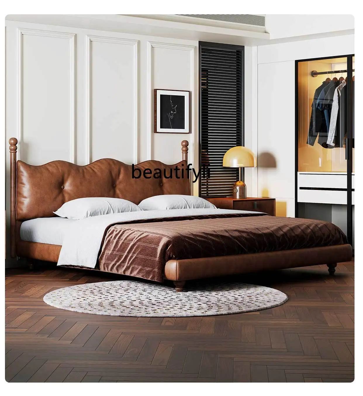 French Retro Leather  High Box Storage Double Bed Modern Light Luxury Bed in Master Bedroom Small Apartment 1.8 Bed