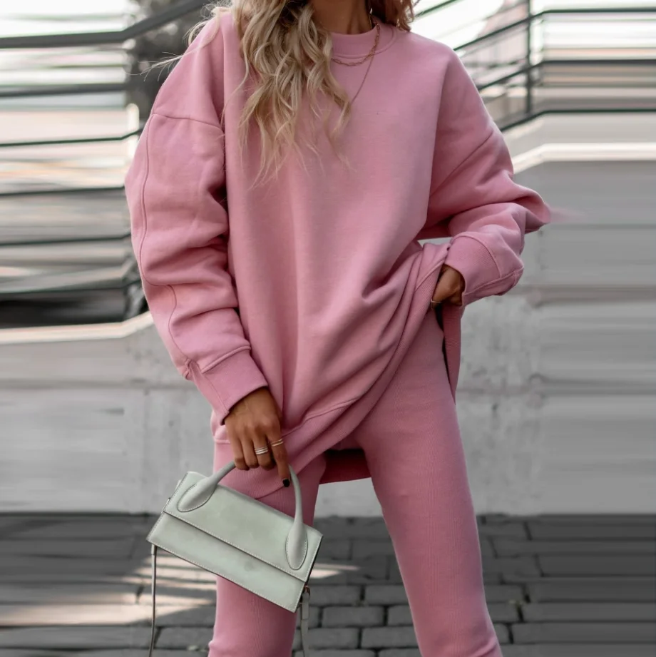 Two Piece Set Women Outfit 2023 Autumn Loose Casual Solid Color Round Neck Long Sleeve Sweatshirt & High Waist Skinny Pants Set