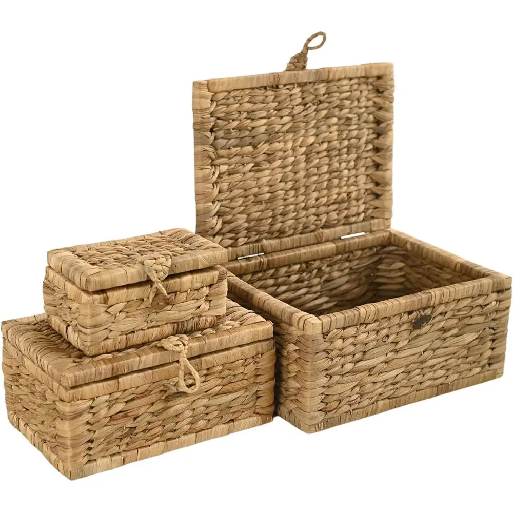 

Set of 3 Seagrass Storage Baskets with Lids - Natural Wicker Boxes for Home, Toys, and Clothing Organization