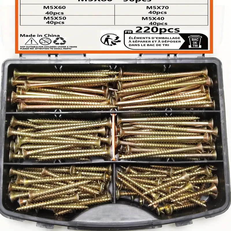 

M5, 220pcs Flat Head Wood Screw Set, Yellow Galvanized, Self-Tapping, Countersunk, Fully Threaded, Suitable for Drywall/Gyp Boar