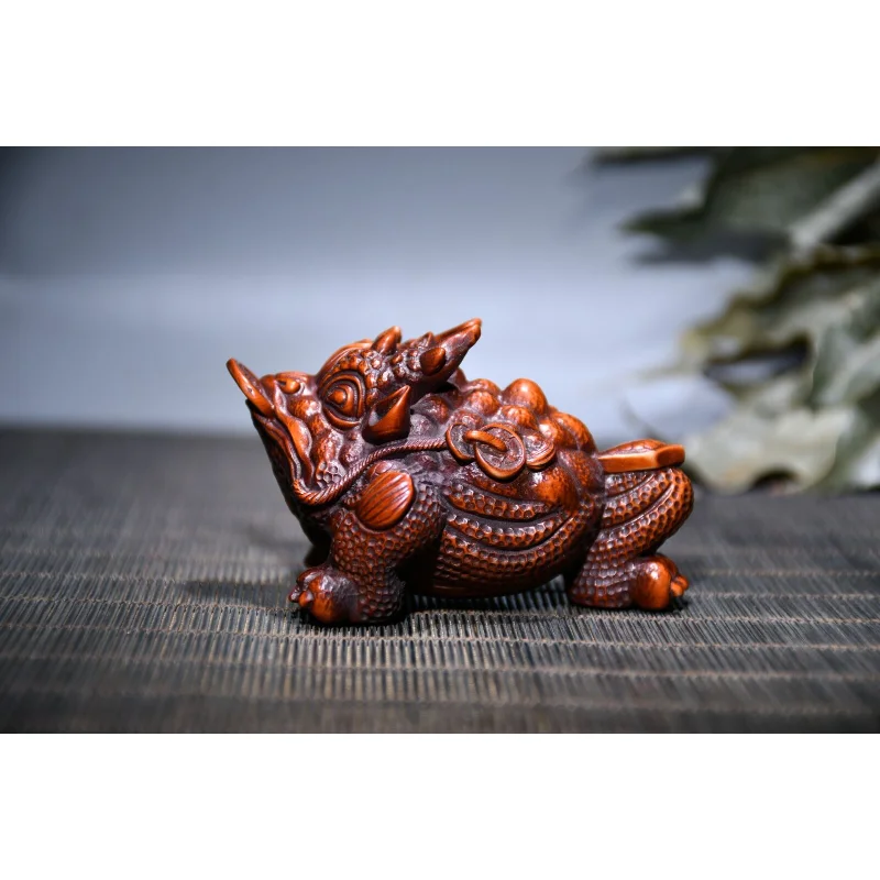 

3.5" Chinese Box-wood Hand Engraving Animal Tripodia Golden Toad Wealth Statue Craft Gift Decoration Home Decore