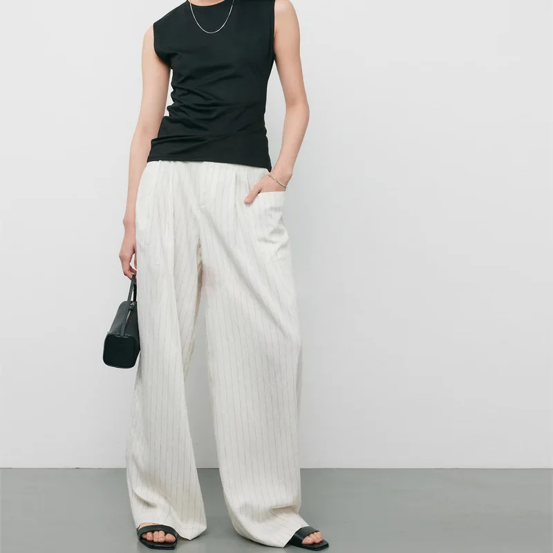 

Женские летние льняные широкие брюки, белые нескользкие полосатые брюки с высокой талией, свободные дышащие легкие пляжные брюки на старые деньги