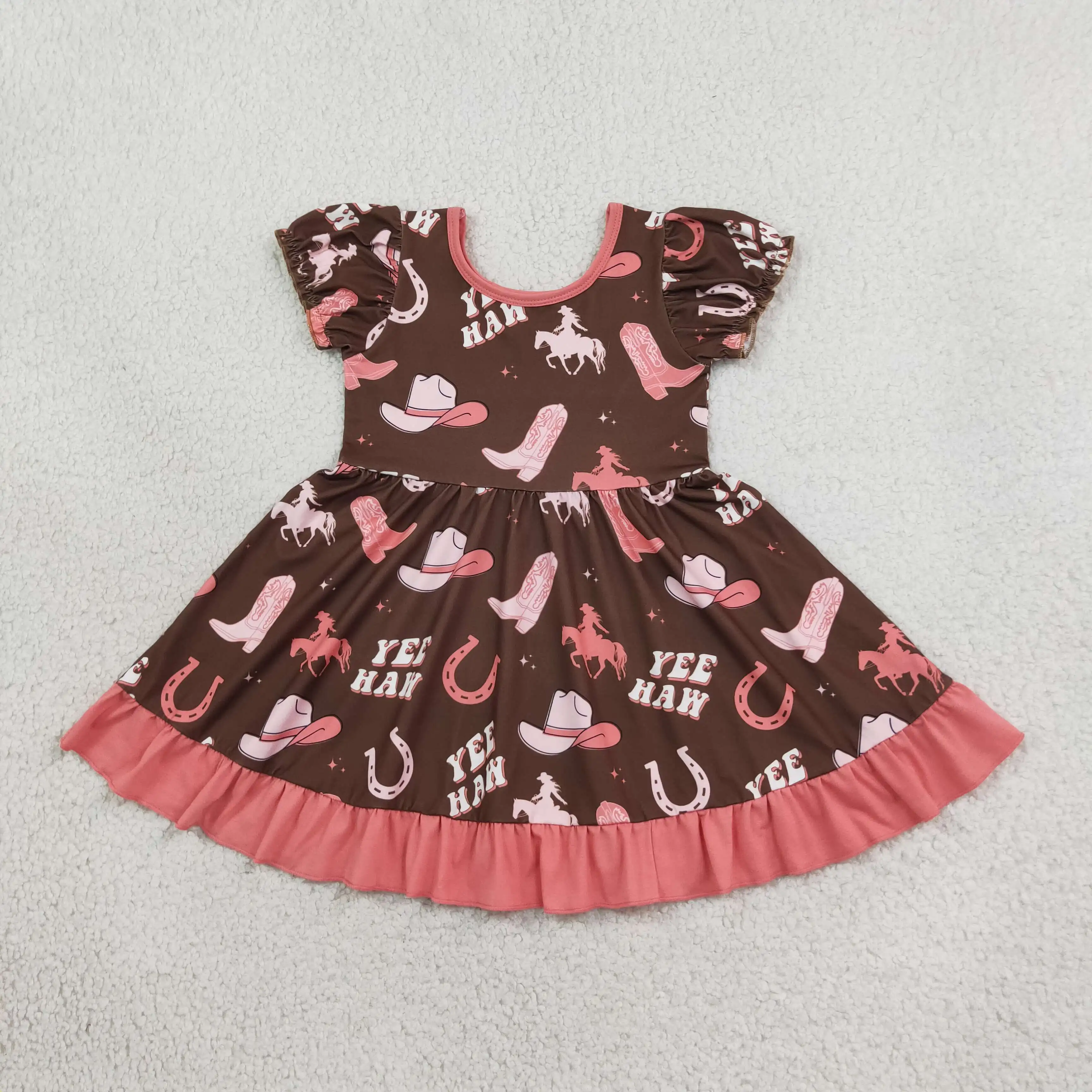 Wholesale Baby Girl Short Sleeves Western Clothes Children Kids Toddler Girls Ruffle Knee Length Dress Summer Clothing