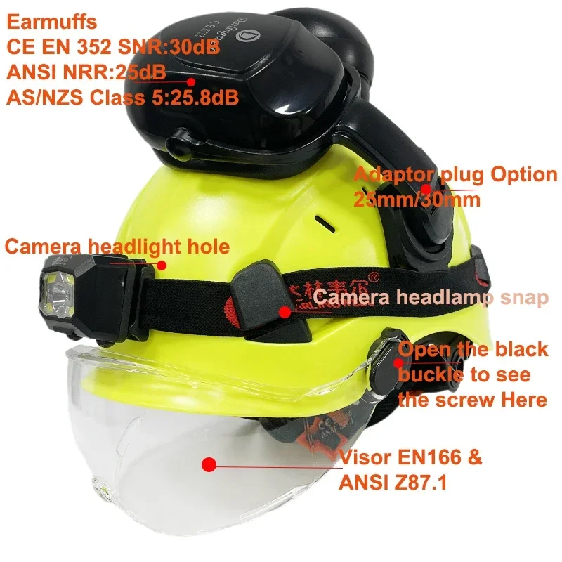 CR06X American Safety Helmet With Visor Earmuffs LED Headlight Hard Hat Earmuffs ABS Protective Foresty Industrial