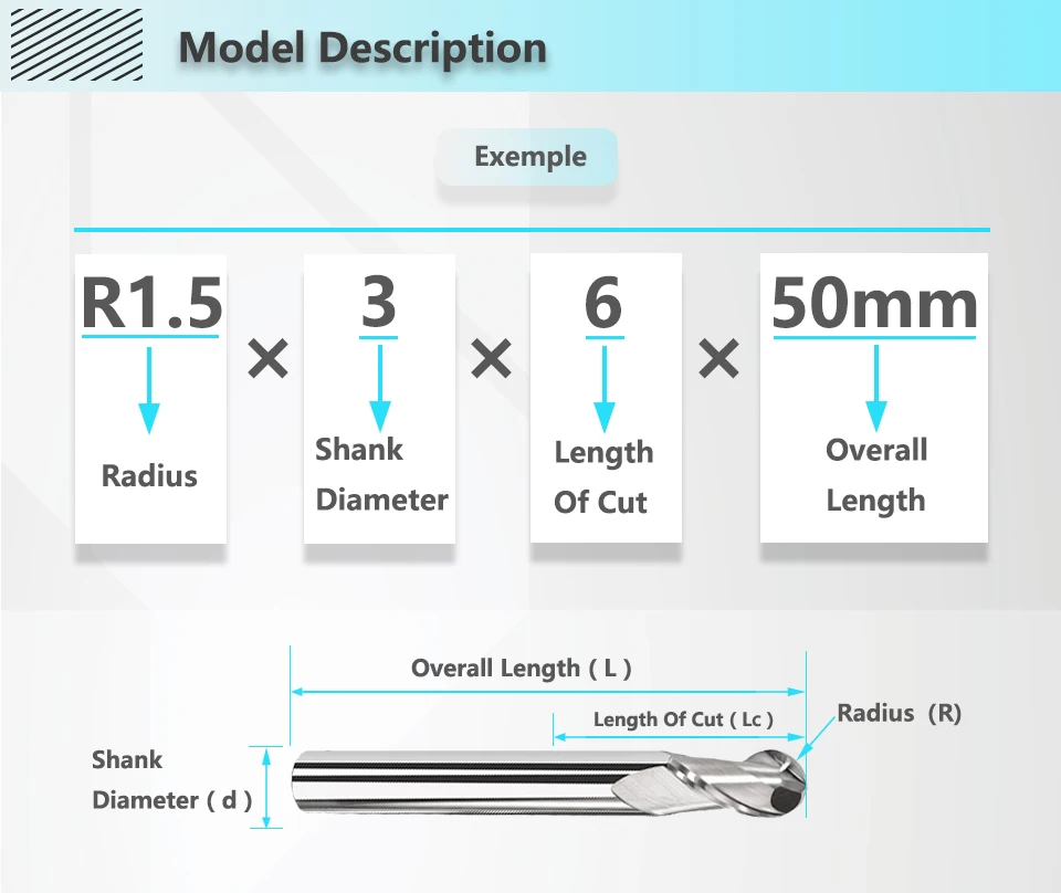 HRC55 Aluminium-Kugelfräser 2F Wolframstahl-Werkzeug CNC R0.5 R0.75 R1 R1.25 R1.5 R1.75 R2 R3 R4 R5 R6 R7 R8 R9 R10 – Detail 5