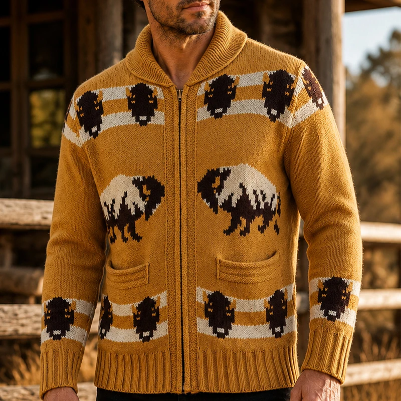 Fashionable Zipper Knitted Jacket Mens Fall Winter Pattern Print Knit Cardigan Vintage Contrast Color Lapel Long Sleeve Coats