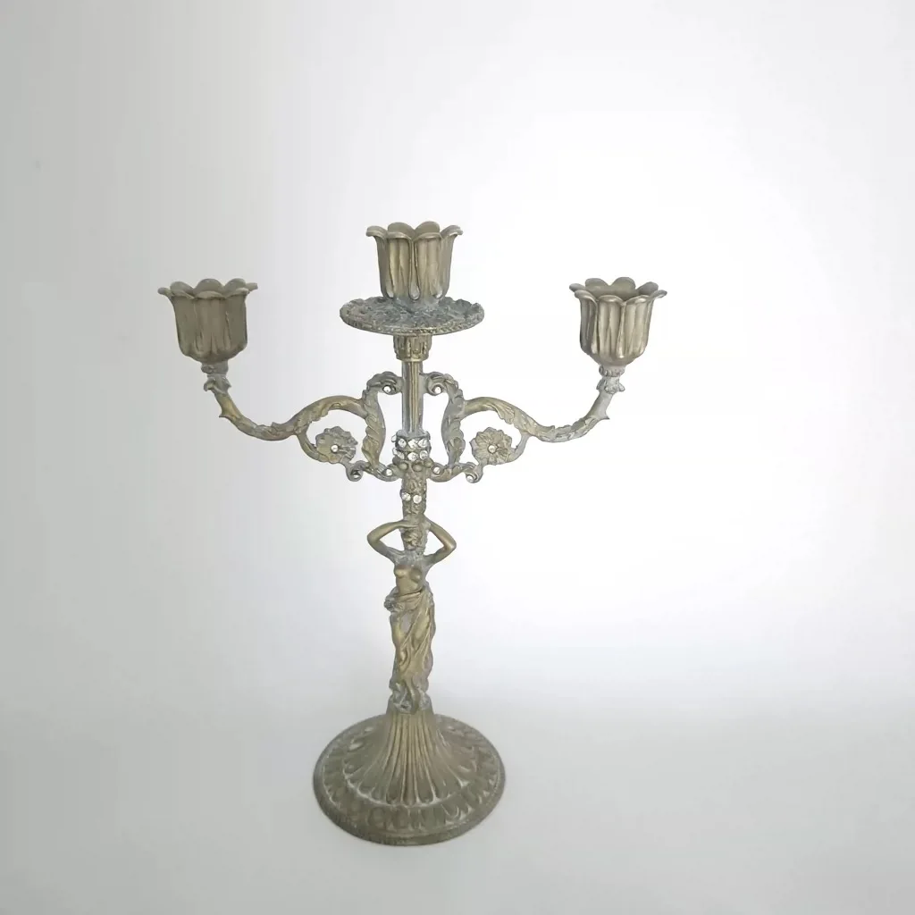 Vintage Bronze 3-Arm Candelabra with Goddess Figure, Antique Brass Finish Candle Holder with Rhinestone Accents, 27cm Height, We