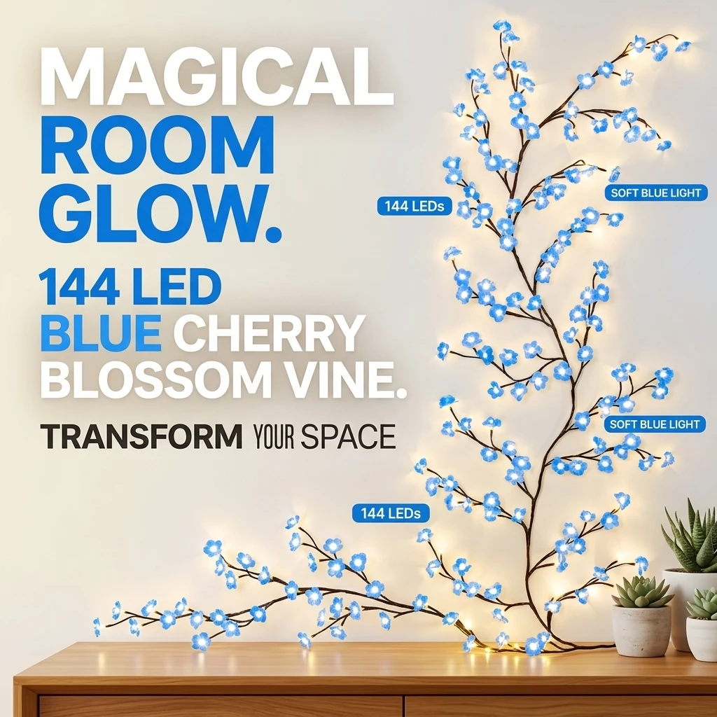 LED Blue Cherry Blossom Willow Vine Light String Flexible DIY Bendable Flower Branch Garland Aesthetic Room Wall Decor Fairy Light Hanging Floral Vine Lamp for Fall Autumn Halloween Thanksgiving Christmas Home Bedroom Decor