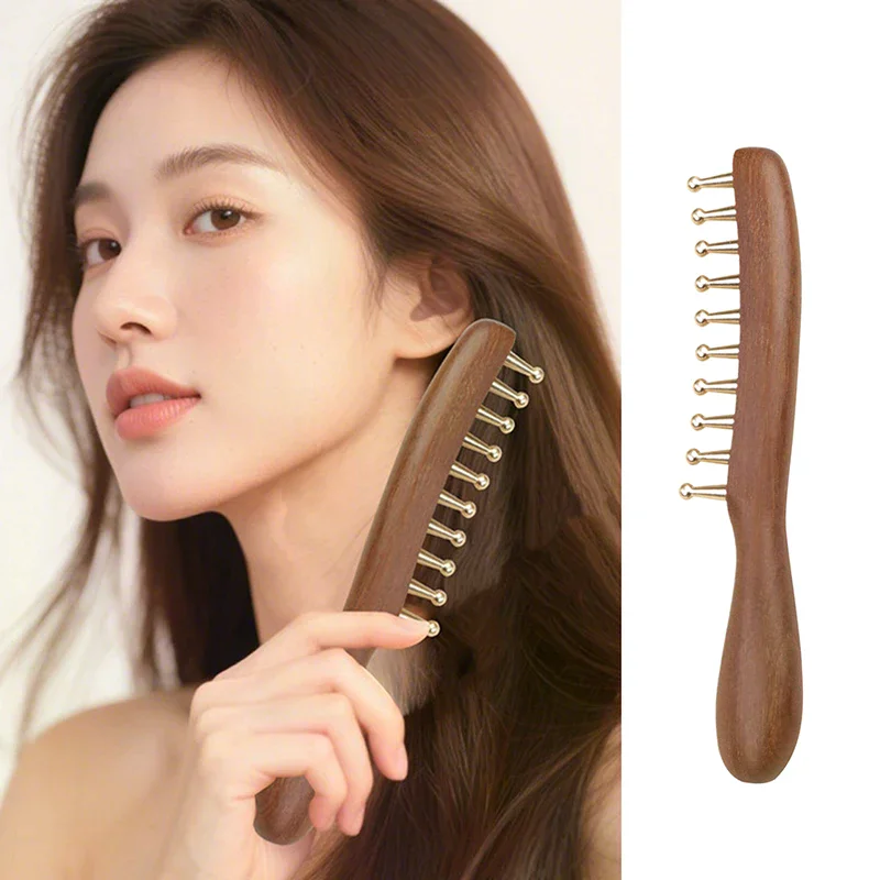 

10-Teeth Copper & Wood Massager Comb For Head Meridian Therapy And Relaxation Golden Sandalwood Scraping Guasha Long Handle