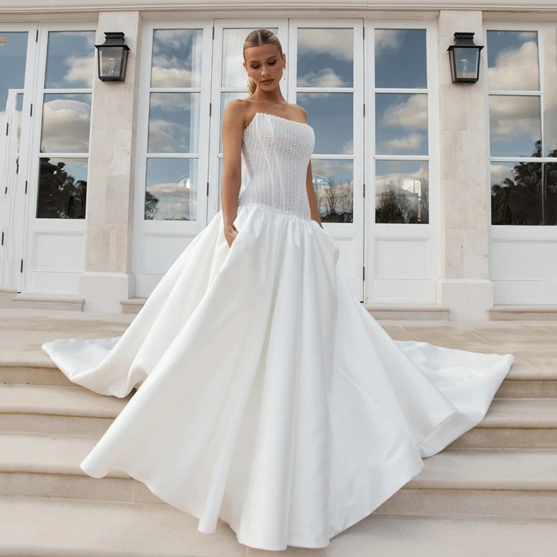 

Свадебные платья Eightree: А-силуэт, без бретелек, без рукавов, с жемчугом, из атласа, в стиле бохо, для пляжной свадьбы, выпускного вечера, на заказ